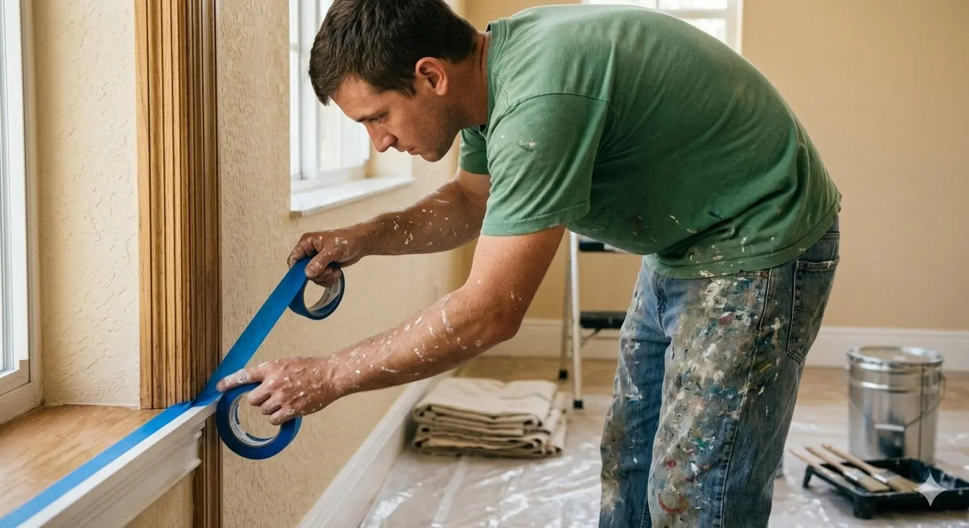 Painter taping trim during drywall repair prep in Wesley Chapel